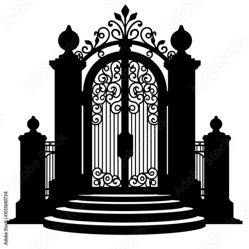 Silhouette of ornate iron gate with steps in black and white, classic elegance