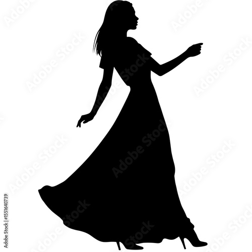 Silhouette of woman dancing in off-shoulder maxi dress, fashion movement elegance
