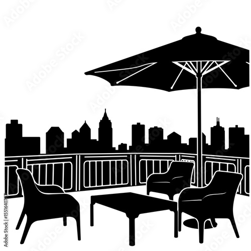 Silhouette of penthouse terrace with seating and skyline view, urban leisure