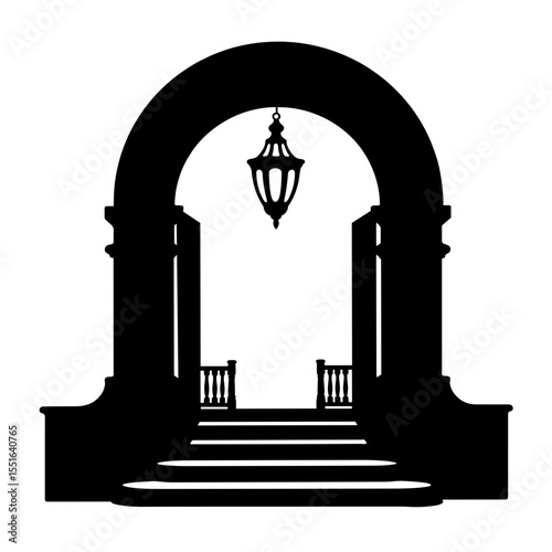 Silhouette of architectural entry with chandelier, formal urban elegance