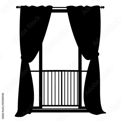 Silhouette of open balcony door with curtains, urban living privacy copyspace