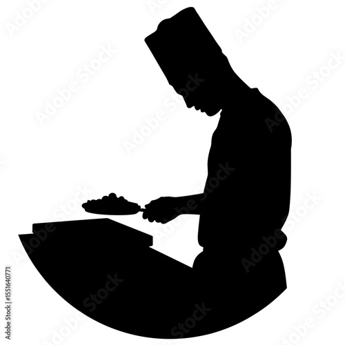 Silhouette of chef placing pizza on counter, black and white culinary art