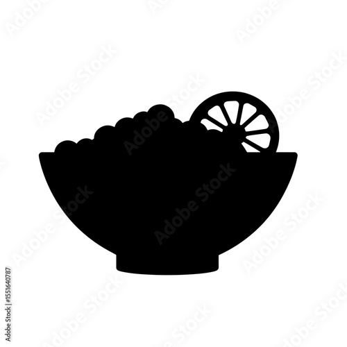 Silhouette of salad bowl with lemon slice, healthy food simplicity, copyspace
