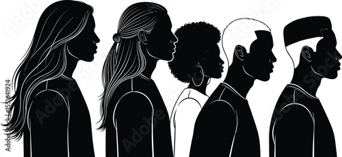 Diverse people side profile, multicultural silhouette illustration, unique hairstyles, black and white portrait, modern youth diversity concept, inclusive identity design