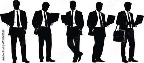 Businessmen silhouette, working with laptop, professional office attire, confident male figures, corporate team concept, modern technology, leadership, digital business, success
