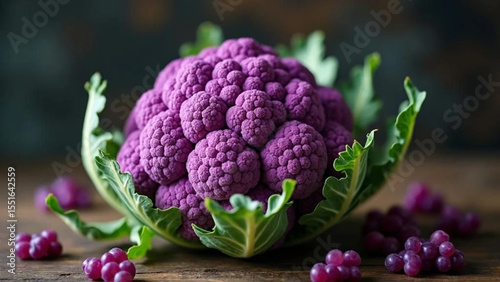 Purple cauliflower on the wooden board. 