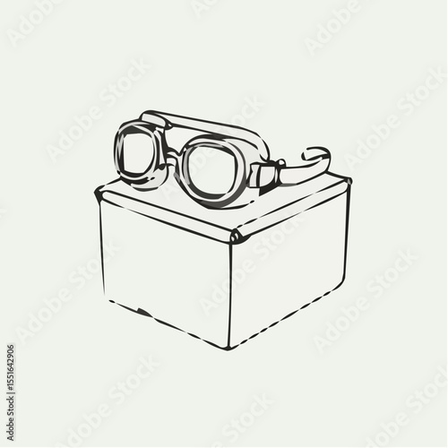 Swim goggles resting on a box in simple black line art style  