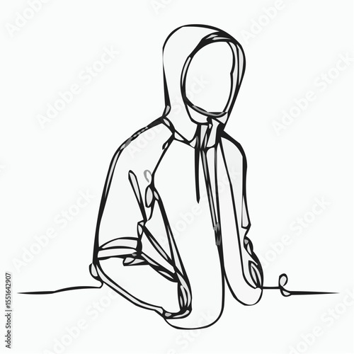 Line drawing of young person wearing hoodie and sitting quietly  