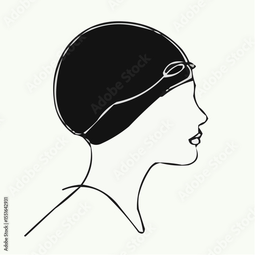 Line drawing of female swimmer silhouette wearing swim cap and goggles  