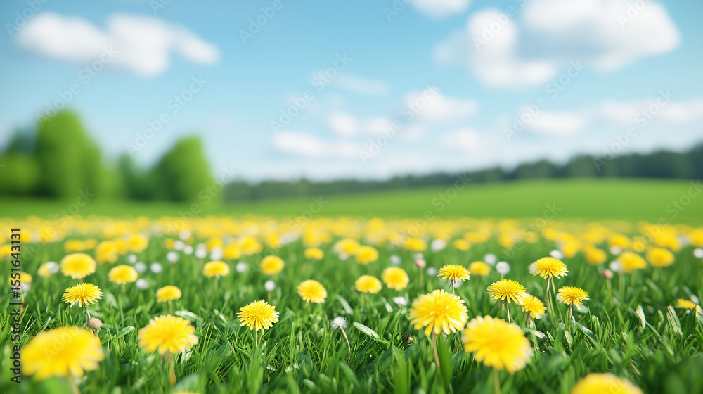 Yellow dandelion flowers field with blue sky background. Spring meadow landscape. Nature and countryside concept. Image for wallpaper, poster, banner, calendar. Yellow dandelion flowers field with blue sky background. Spring meadow landscape. Nature and countryside concept. Image for wallpaper, poster, banner, calendar.