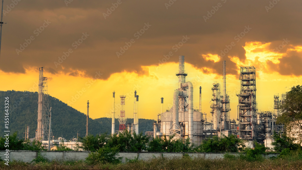 Naklejka premium Oil refinery gas petrol plant industry with crude tank, gasoline supply and chemical factory. Petroleum barrel fuel heavy industry oil refinery manufacturing factory plant. Refinery industry concept