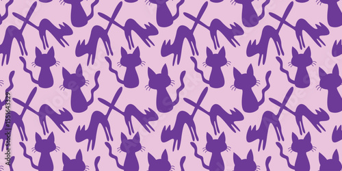 Seamless pattern with cats. Happy Halloween. Cute pets in flat style. Abstract purple pink texture background.