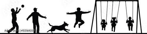 Children playing on swings, people with dog in park, happy kids, outdoor activity, family time, playground silhouette, fun moments, joy