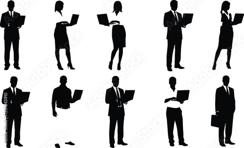 Silhouettes of business professionals, men and women, working on laptops, corporate people, teamwork, office attire, black vector illustration