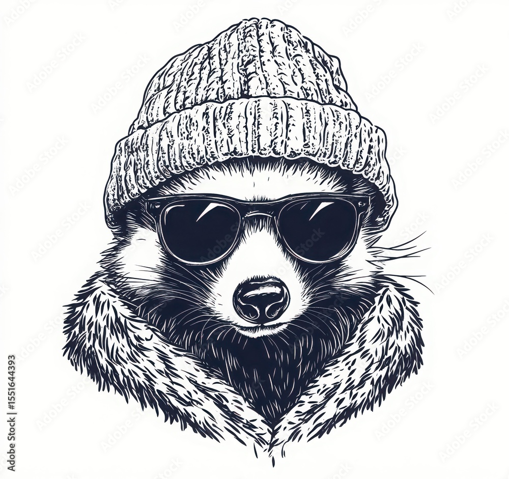 Fototapeta premium Cute Raccoon Wearing a Knitted Hat and Sunglasses