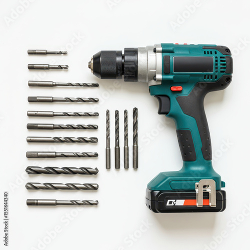 Cordless electric drill with interchangeable bits on white background, power tool set for construction, home repair, woodworking, DIY project equipment, hardware tools layout, handyman gear