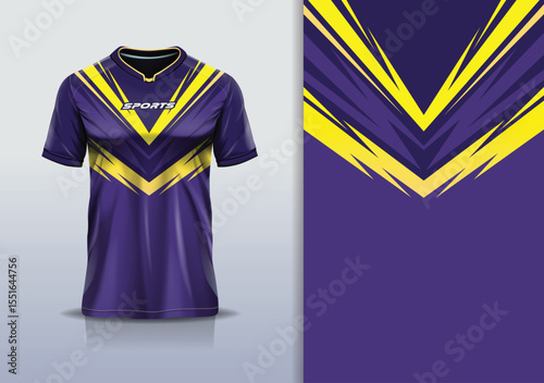 T-shirt mockup abstract stripe line jersey design for football, soccer, racing, esports, running, in purple yellow color