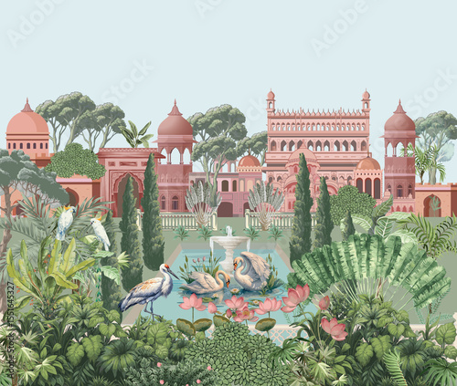 Wallpaper Mural Mughal garden illustration pattern with birds peacock parrot plants trees and palace for wallpaper Torontodigital.ca