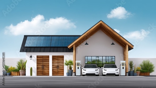 Modern house with solar panels and electric vehicle charging stations under a clear blue sky