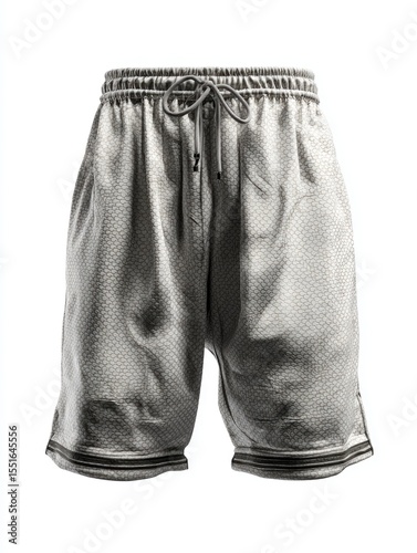 Patterned athletic shorts isolated on white Drawstring and striped hem