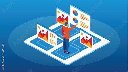 Executive Reviewing Global Kpis With Touchpad - AI Dashboard Vector