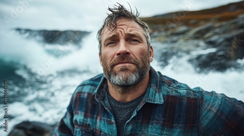 A rugged man stands by the shore, staring thoughtfully at the crashing waves, evoking feelings of contemplation and a connection to nature's power and beauty.