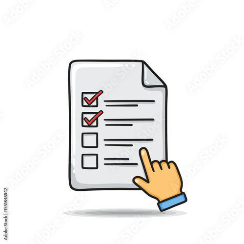 Hand pointing at a digital checklist document indicating completed tasks or selecting options on an online form survey poll or questionnaire isolated graphic element illustration
