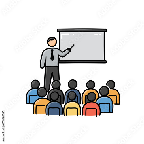Professional vector illustration showing presenter instructing an audience in a dynamic training environment focusing on education business concepts skill development