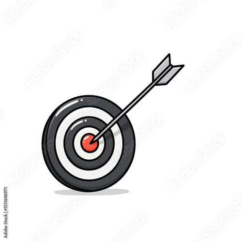 Simple vector illustration of a dart arrow hitting the bullseye center perfectly representing goal achievement success precision accuracy winning score focus and hitting the