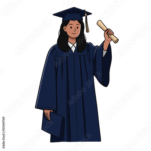 Vibrant illustration portrait of a smiling graduate woman wearing traditional academic regalia cap and gown confidently holding her rolled degree certificate celebrating
