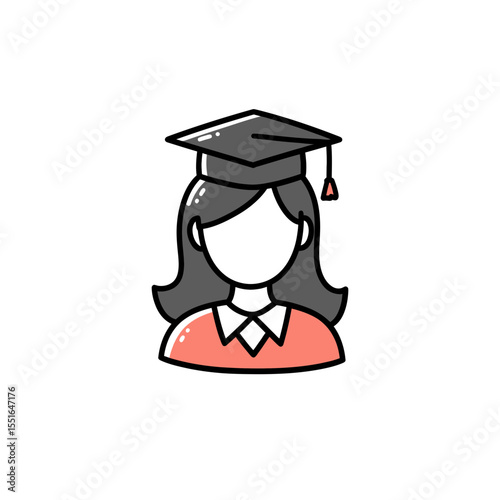 Clean vector line art illustration of a female student wearing a graduation cap celebrating successful academic achievement higher education learning knowledge university college