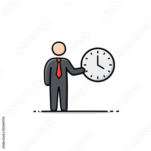 Minimalist Icon Illustration Depicting a Businessman standing beside a Large Clock Symbolizing Crucial Business Time Management Punctuality Scheduling and Meeting Important