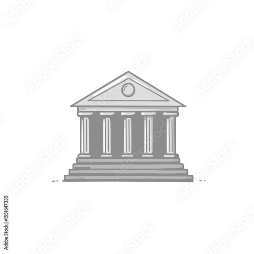 Minimalist Line Art of a Classical Greyscale Building Featuring Front Steps and Prominent Columns Symbolizing Authority Stability History Finance Education Law and Official