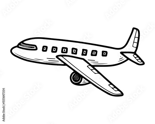Passenger airplane. Hand drawn doodle vector. Air transport for people transportation. Winged machine for flying in the sky. Aviation. Modern technologies. Illustration line art element.