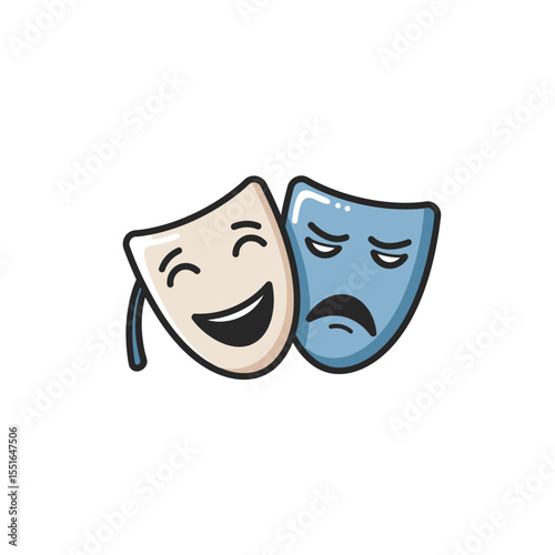 Iconic theatre masks graphic illustration depicting the duality of human emotion through comedy and tragedy symbols representing stage performance drama acting and artistic