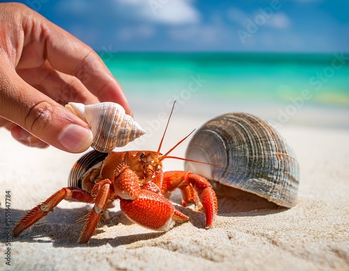 a hermit crab exchanging shells on a tropical shoreline concept of resourcefulness and marine real estate