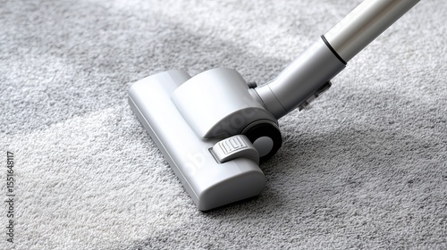 Vacuum cleaner cleaning a plush carpet in a cozy living room setting