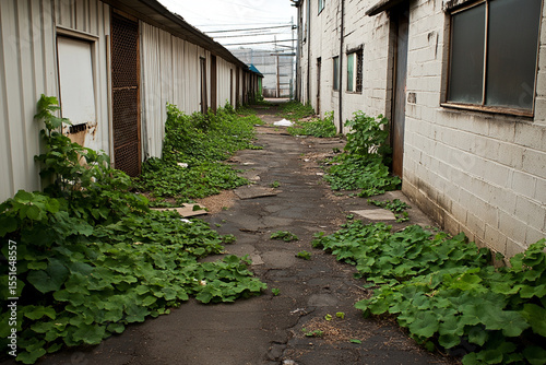 Nature reclaims abandoned industrial alley with lush greenery