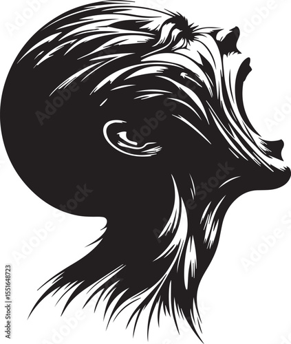 Abstract Illustration of a Screaming Human Head with Intense Emotional Expression and Dark Swirling Patterns