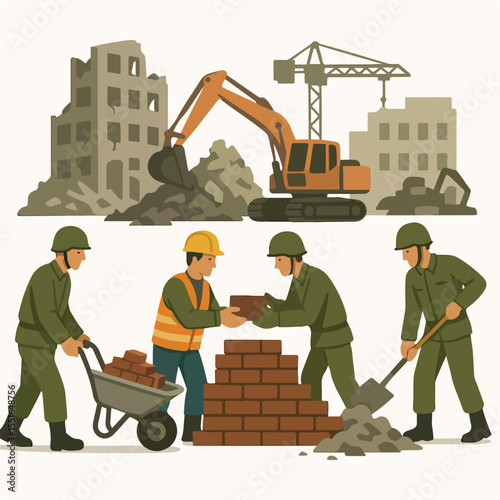 national defense (military, war equipment and military strategy, technology, cyberwar). globalization, diplomacy, and world peace. vector illustration