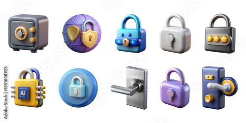 3d realistic security icons set isolated on transparent background