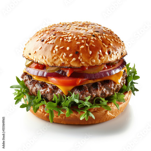 Fast food. Burger shot on white background. Cheeseburger. Hamburger. Tasty burger with cutlet, cheese, tomato, burger for fast food menu isolated on white background
