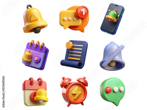 3d cartoon notification icons set isolated on transparent background