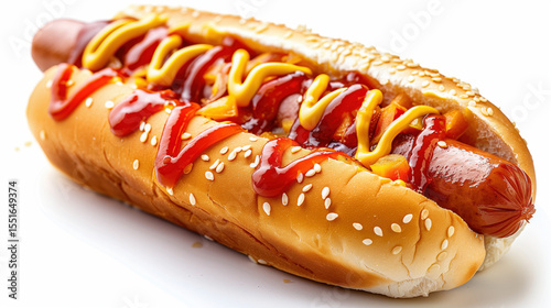 Fast food. Hot dog. Hot dog with bun, sausage, mustard and fresh salad isolated on white background. Hot dog for menu