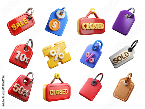3d realistic sale tags and closed signs collection isolated on transparent background