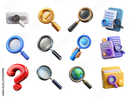 3d realistic magnifying glass icons set isolated on transparent background