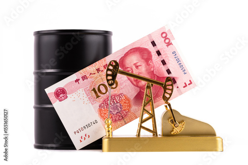 Golden oil pump, iron barrel for oil products and 100 Chinese yuan banknote on white background