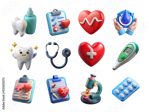 3d medical icons set realistic 3d render isolated on transparent background