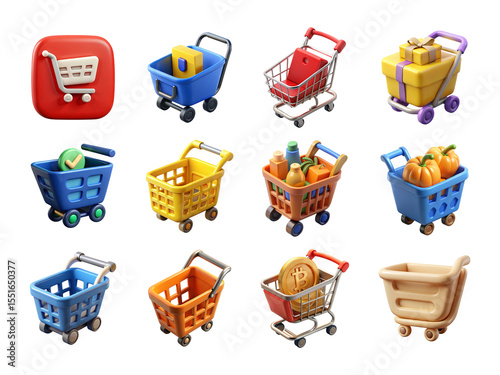 3d realistic shopping cart icons set isolated on transparent background