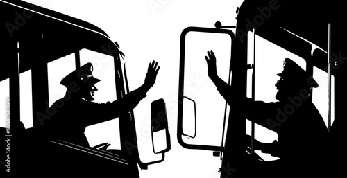 Silhouettes of Bus or Truck Drivers Waving from their Vehicles, Depicting Transportation and Logistics